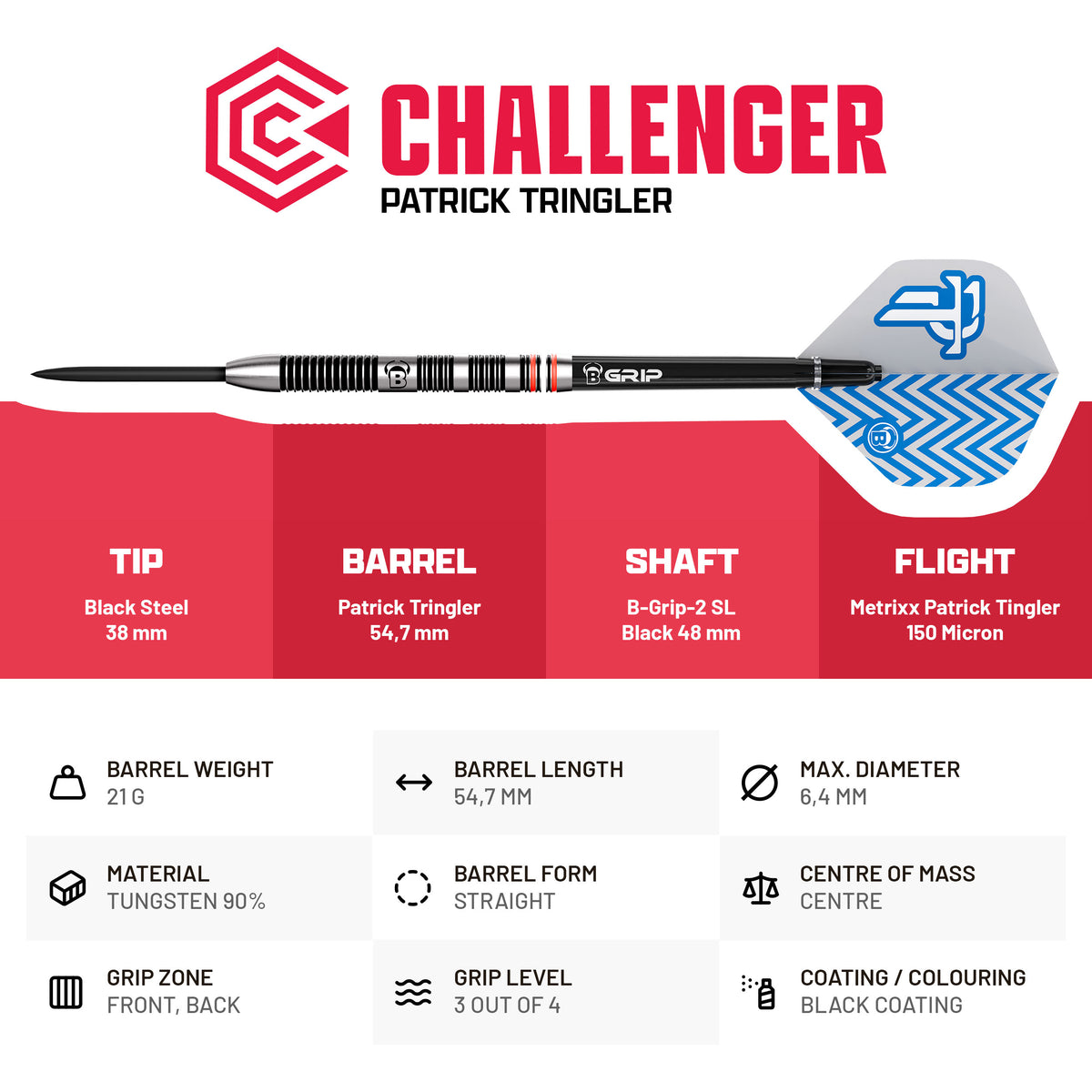 BULL'S Patrick Tringler Darts - Steel Tip - 90% Tungsten