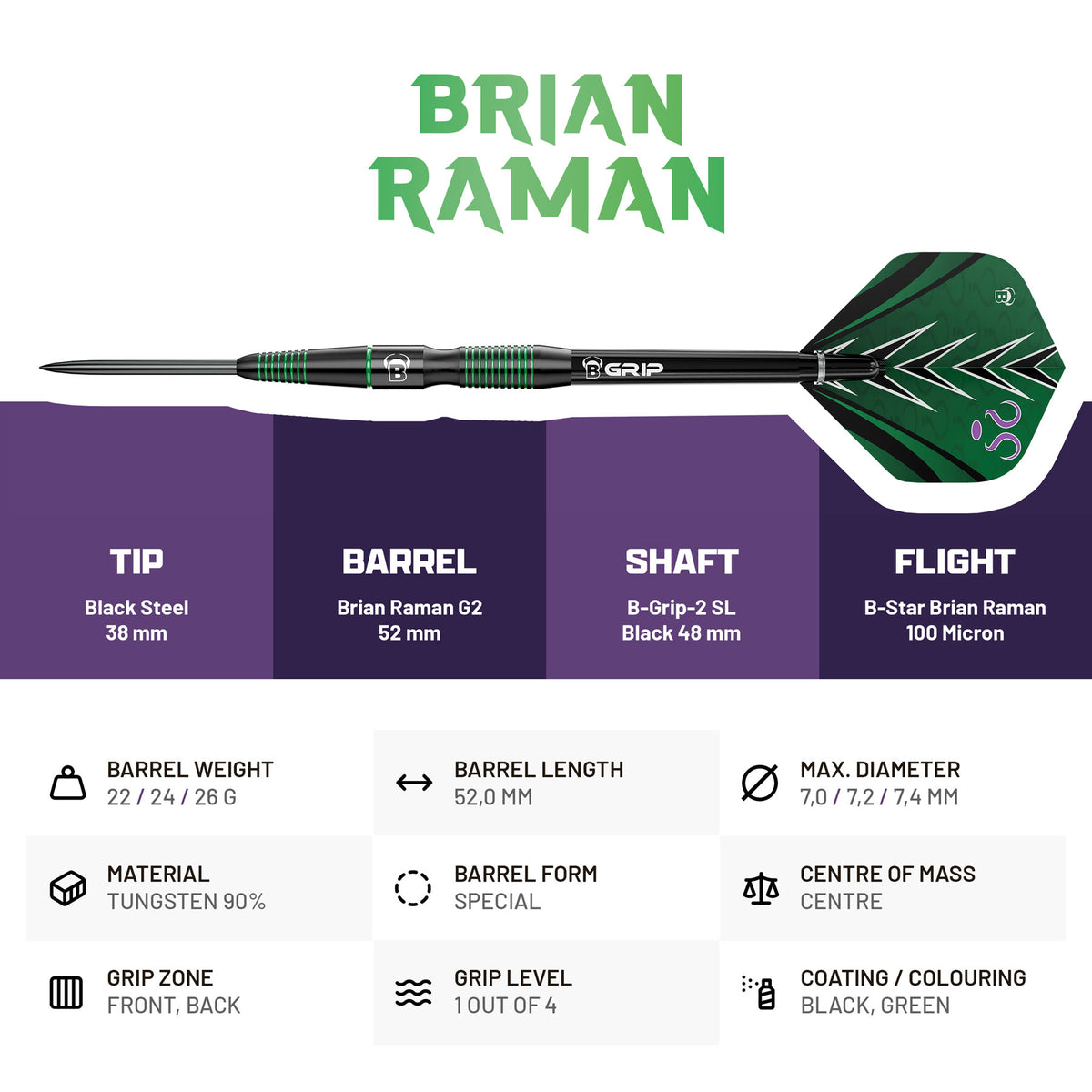 BULL'S Brian Raman Darts - Steel Tip - 90% Tungsten - G2