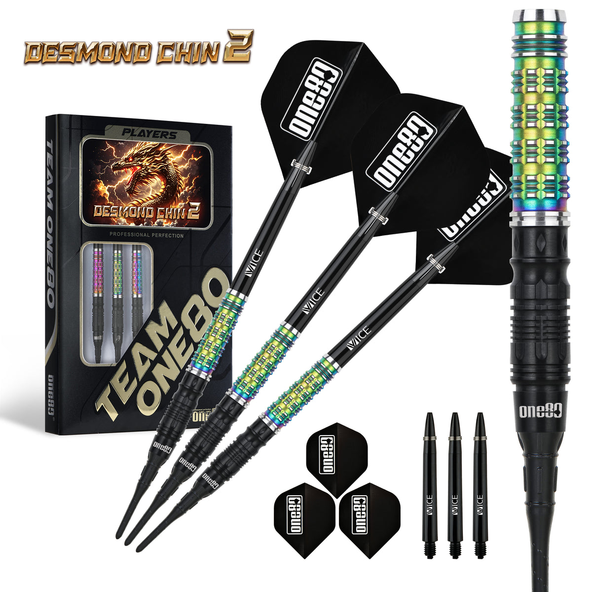 One80 Desmond Chin Darts - Soft Tip - 90% Tungsten - V2 - Black & Rainbow - 20g