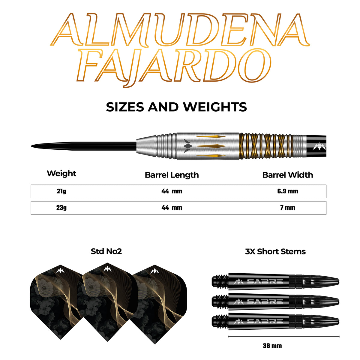*Mission Almudena Fajardo Ayuso Darts - Steel Tip - 95% Tungsten - Gold PVD Milled Silver