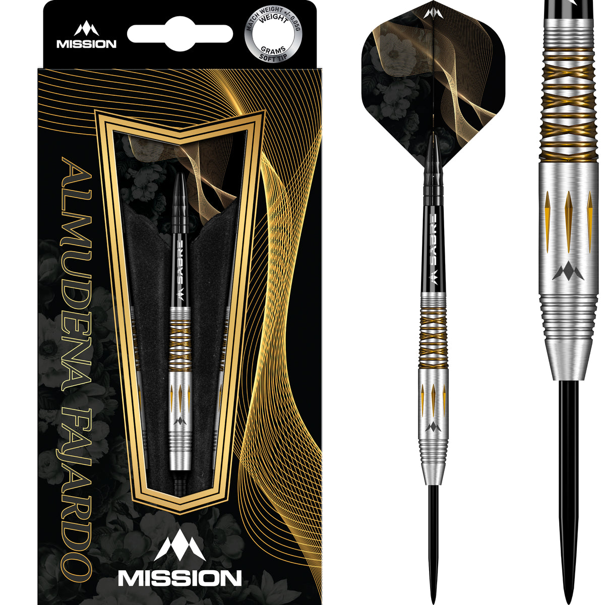 *Mission Almudena Fajardo Ayuso Darts - Steel Tip - 95% Tungsten - Gold PVD Milled Silver