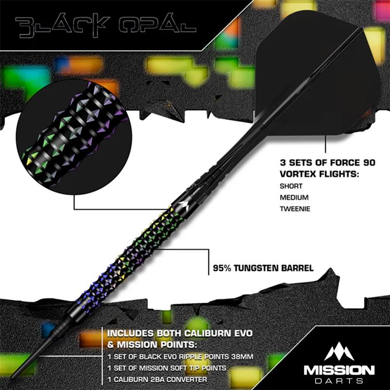 Mission Black Opal Darts - Soft Tip - 95% Tungsten - Black & Coral PVD