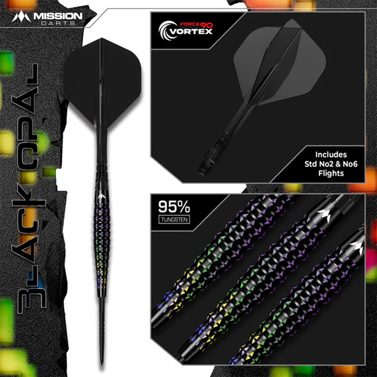 Mission Black Opal Darts - Steel Tip - 95% Tungsten - Black & Coral PVD