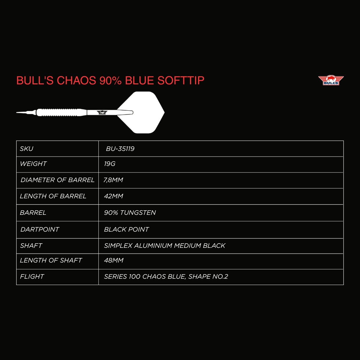 Bulls Chaos Darts - Soft Tip - 90% Tungsten - Blue