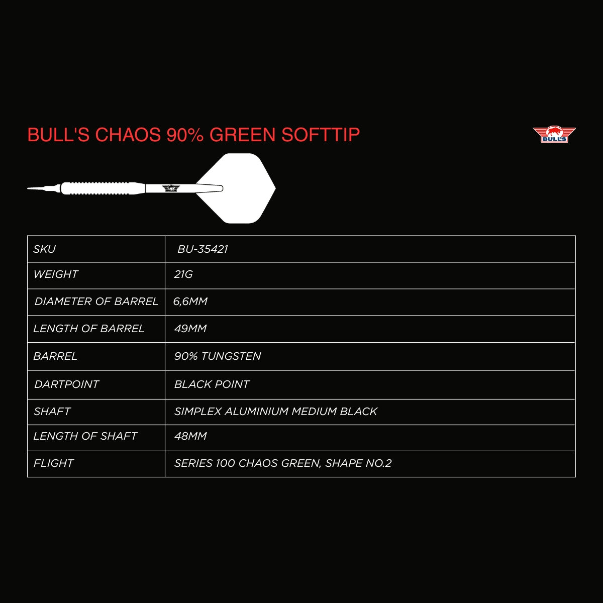 Bulls Chaos Darts - Soft Tip - 90% Tungsten - Green