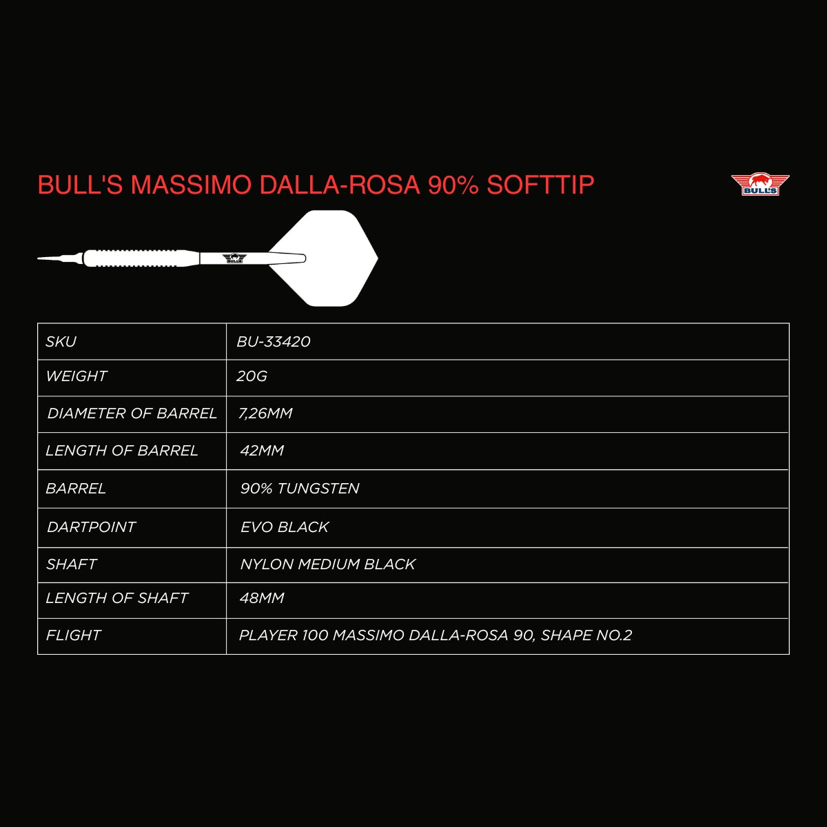 Bulls Massimo Dalla-Rosa Darts - Soft Tip - 90% Tungsten - 20g