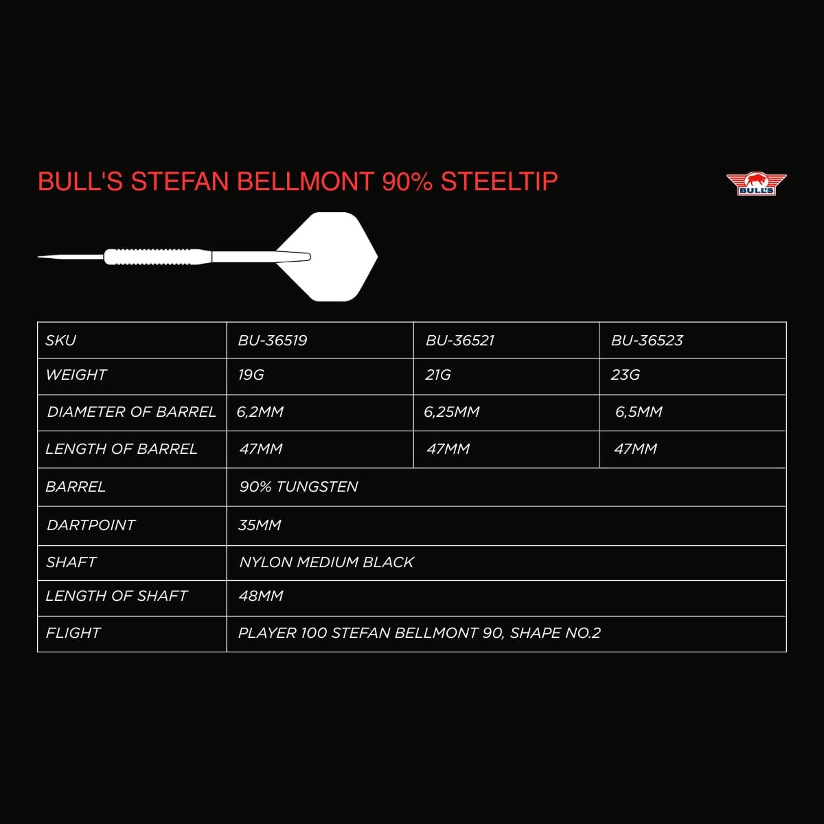 Bulls Stefan Bellmont Darts - Steel Tip - 90% Tungsten