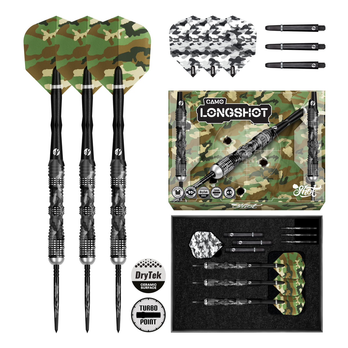 Shot Camo Turbo Darts - Steel Tip - 90% Tungsten - Longshot