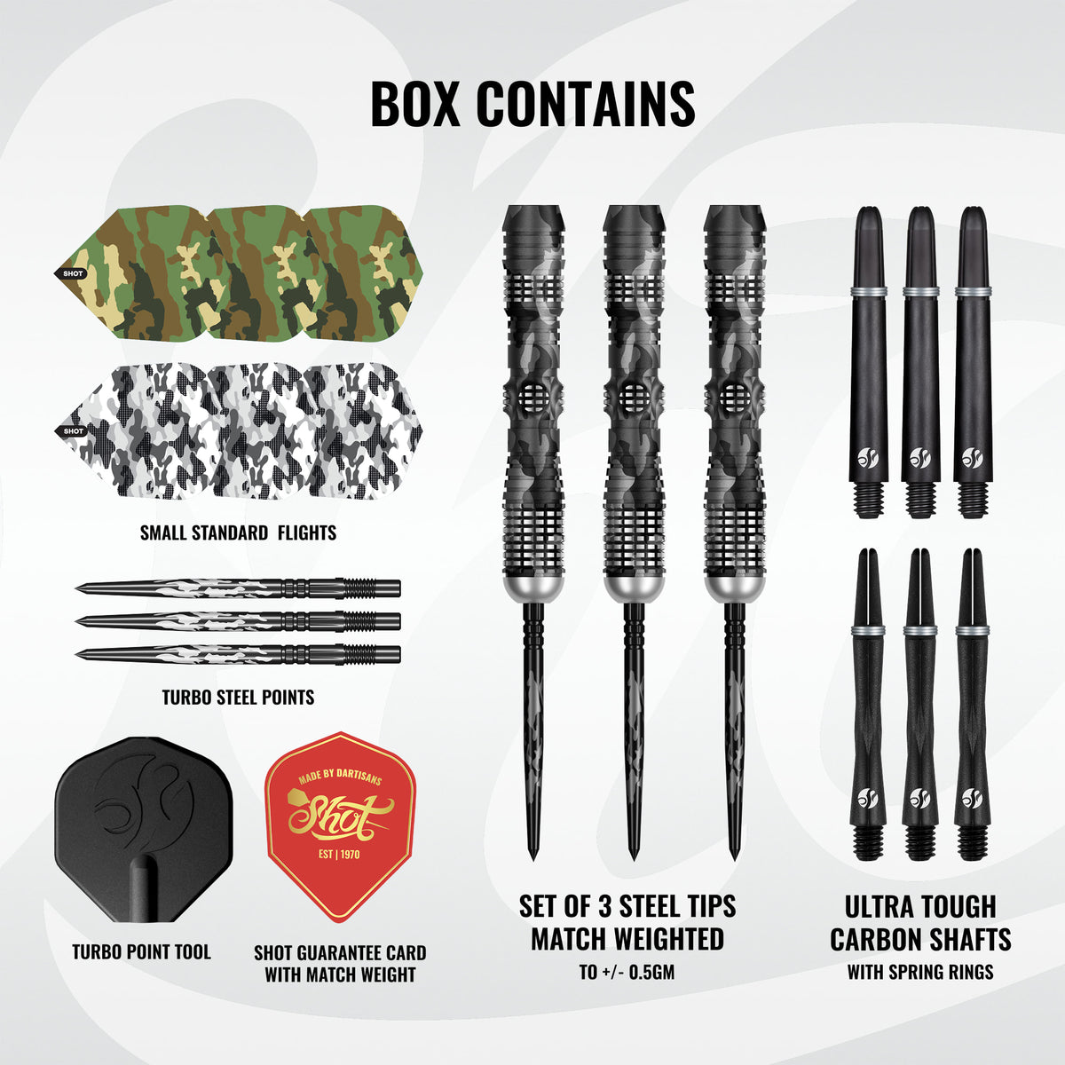 Shot Camo Turbo Darts - Steel Tip - 90% Tungsten - Longshot