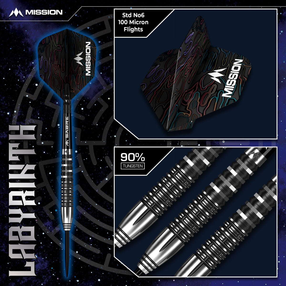 Mission Labyrinth Darts - Steel Tip - 90% Tungsten - Black PVD