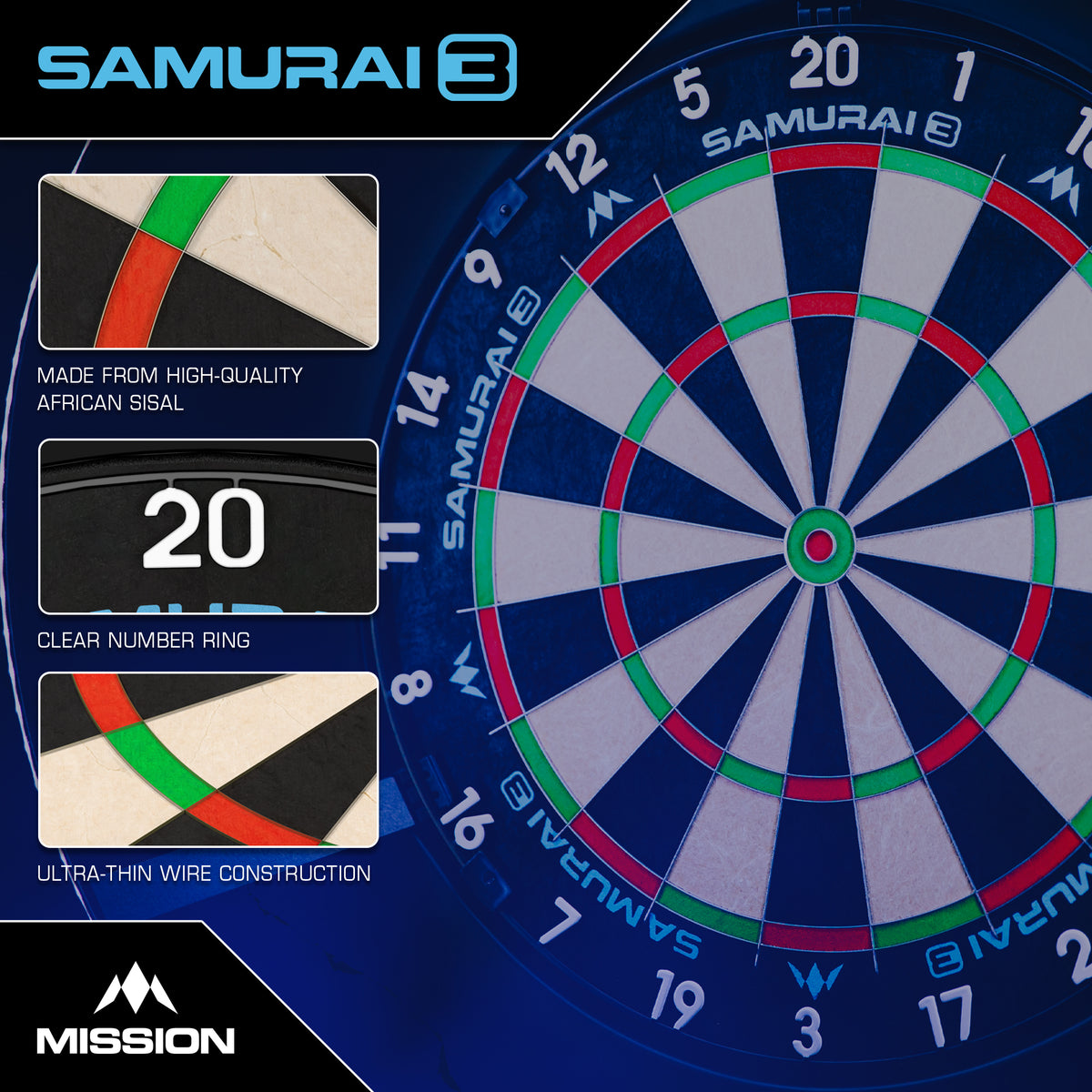 Mission Samurai 3 Dartboard - Professional - Knife Wire - Black Number Ring