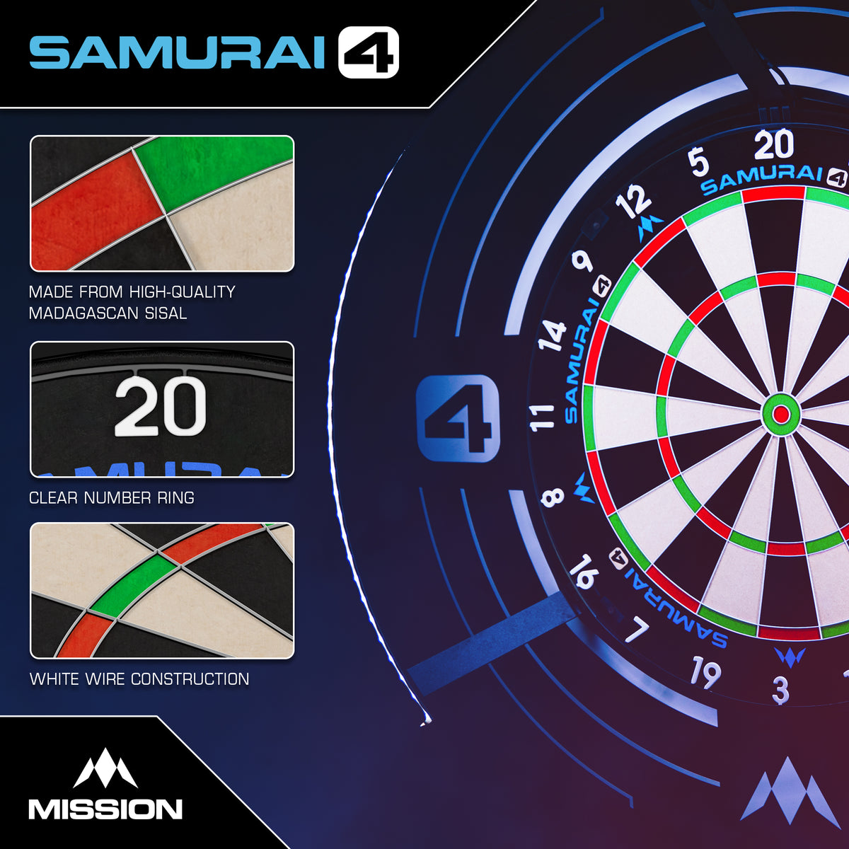 Mission Samurai 4 Dartboard - Professional - Knife Wire - White Spider