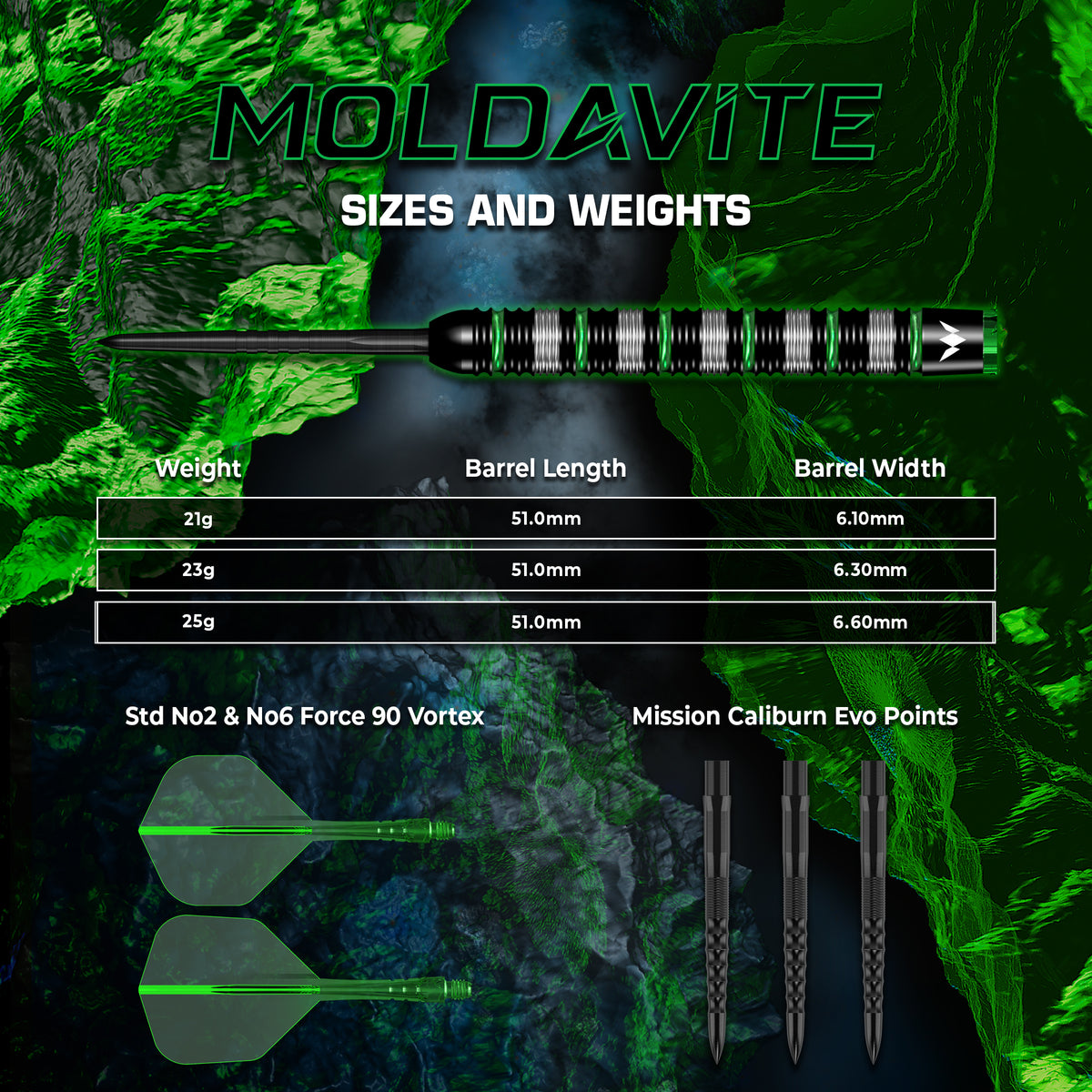 Mission Moldavite Darts - Steel Tip - 95% Tungsten - Black & Green