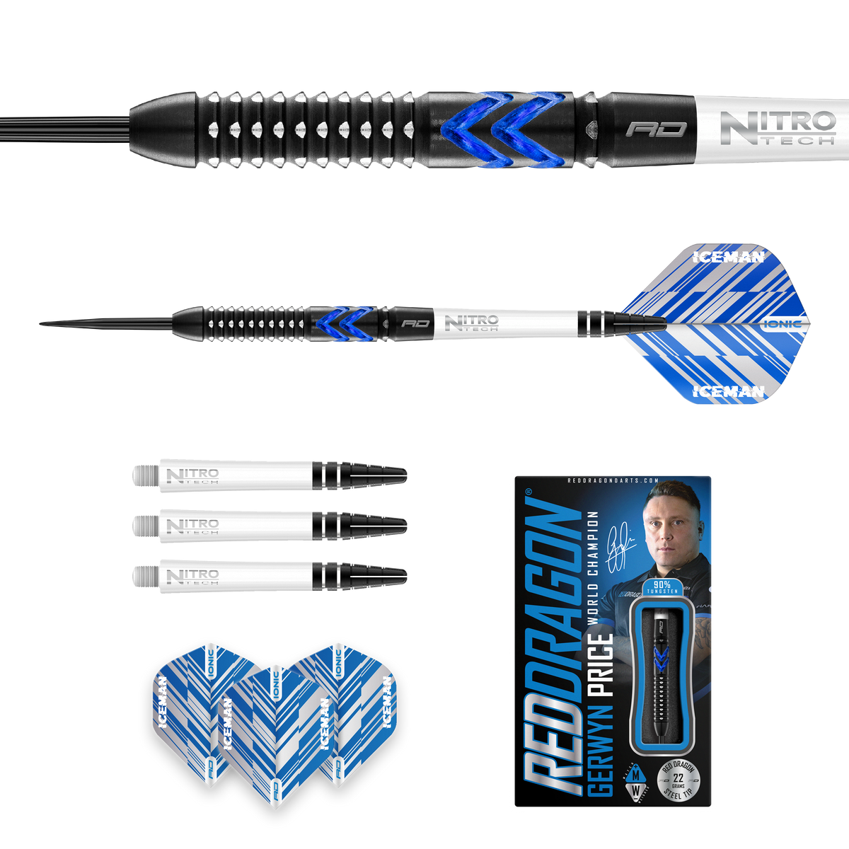 Red Dragon Gerwyn Price Darts - Steel Tip - 90% Tungsten - Ice Blue