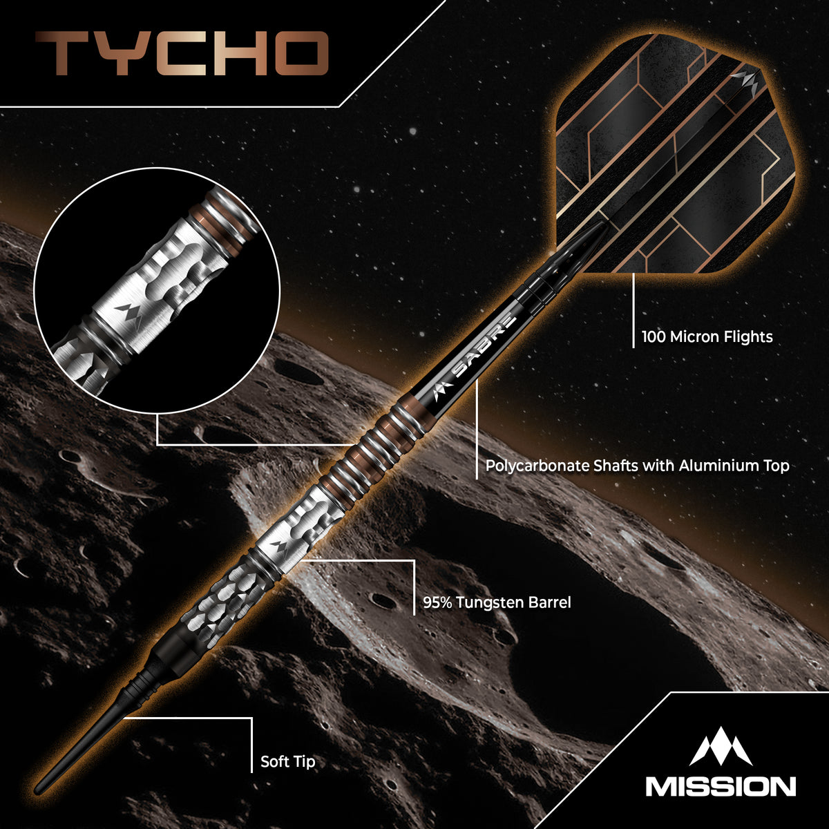 Mission Tycho Darts - Soft Tip - 95% Tungsten - Black & Bronze PVD - 20g