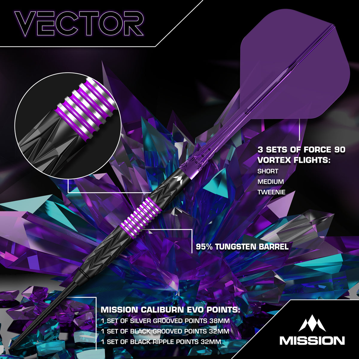 Mission Vector Darts - Steel Tip - 95% Tungsten - Black PVD & Purple Electro