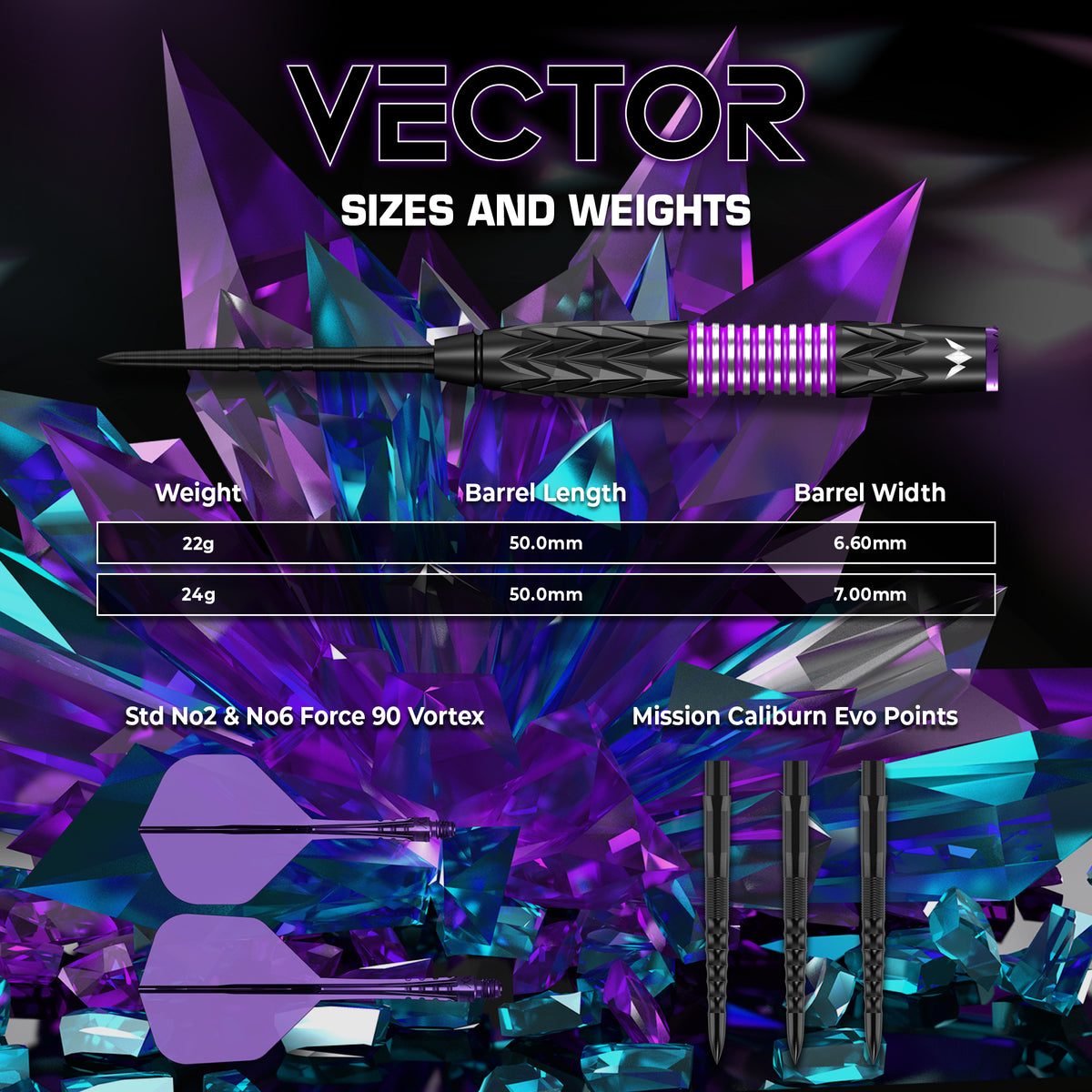Mission Vector Darts - Steel Tip - 95% Tungsten - Black PVD & Purple Electro