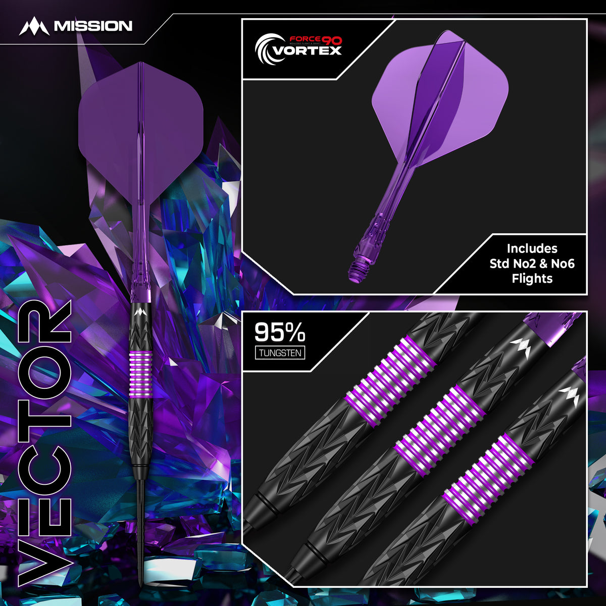 Mission Vector Darts - Steel Tip - 95% Tungsten - Black PVD & Purple Electro