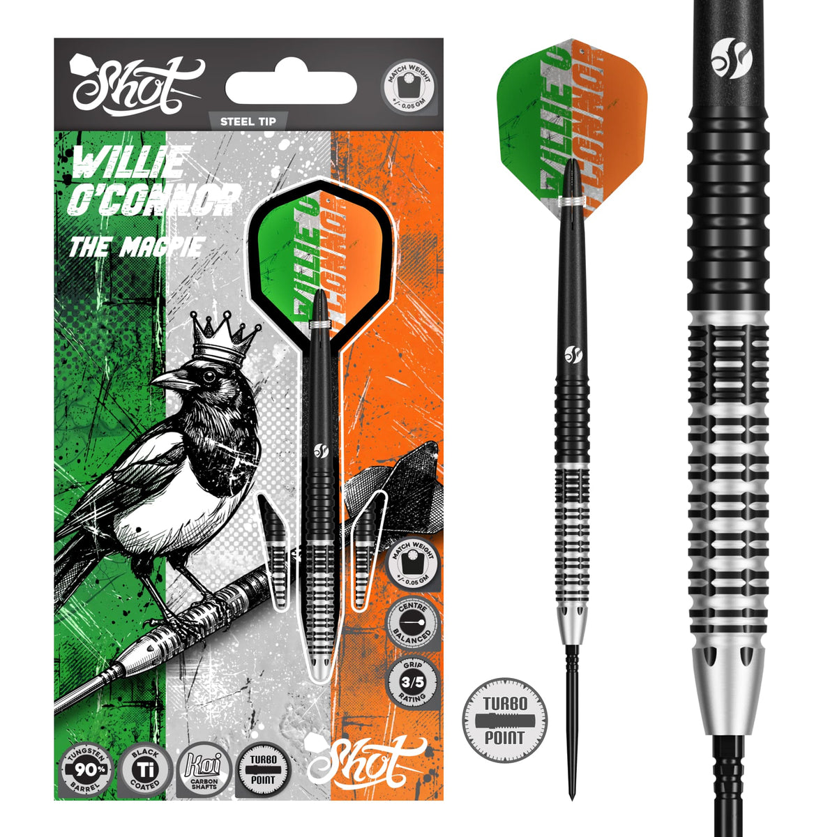 Shot Pro Series Turbo Darts - Steel Tip - 90% Tungsten - Willie O Connor - Magpie