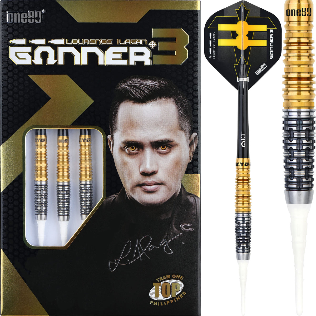 One80 Gunner III Darts - Soft Tip - Lourence Ilagan - Black & Gold