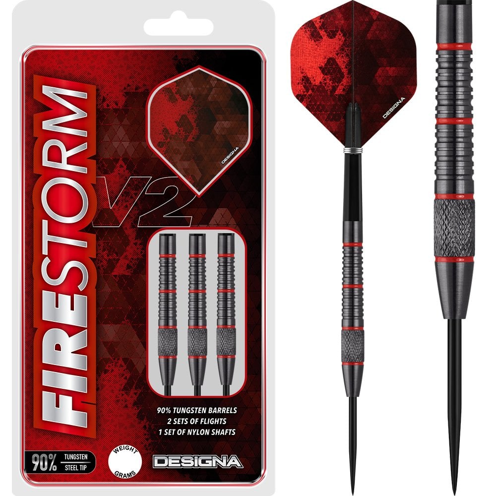 Designa Firestorm V2 Darts - Steel Tip - Knurled - Black 23g