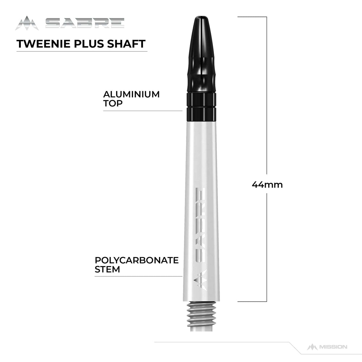 Mission Sabre Shafts - Polycarbonate Dart Stems - White - Black Top